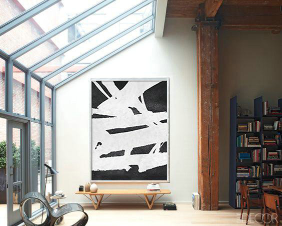 Handmade Large Contemporary Art,Black And White Minimal Painting On Canvas - Lounge Room Decor